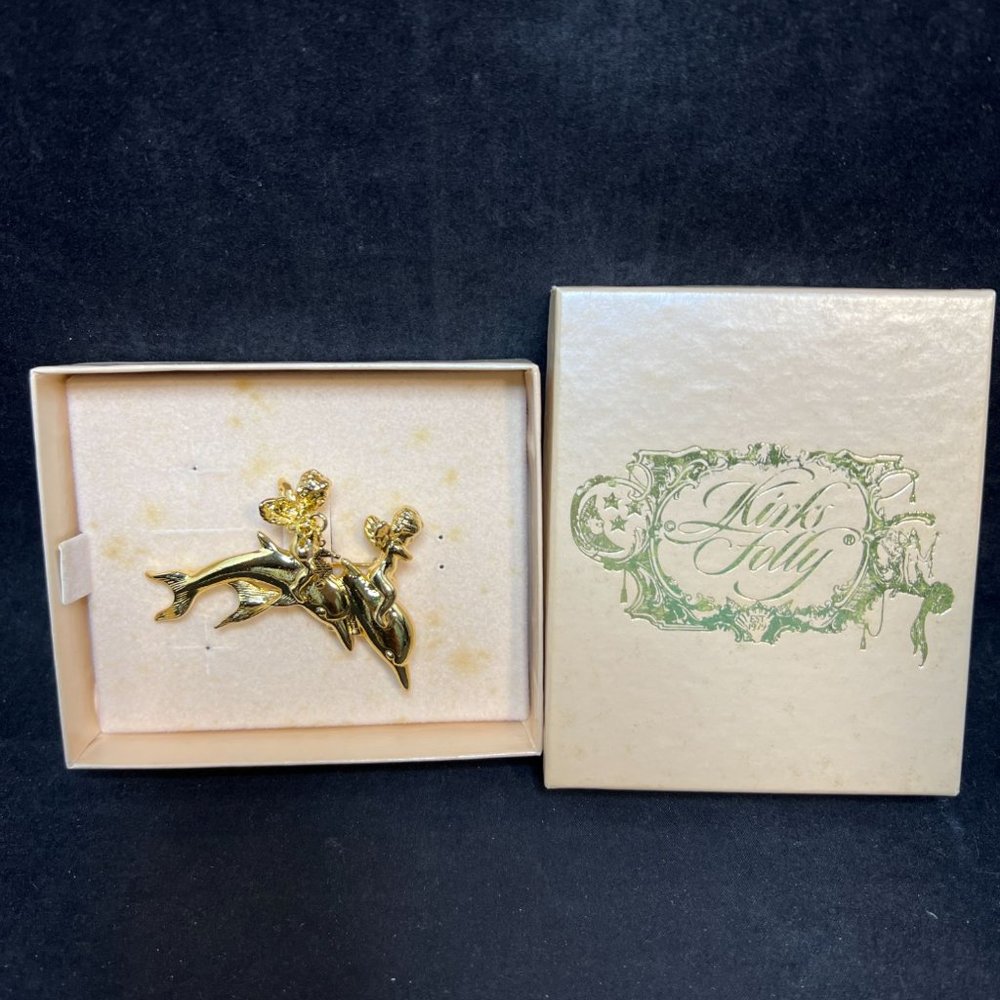Kirks Folly Gold Tone Cherubs Riding Dolphins Brooch (4178)
